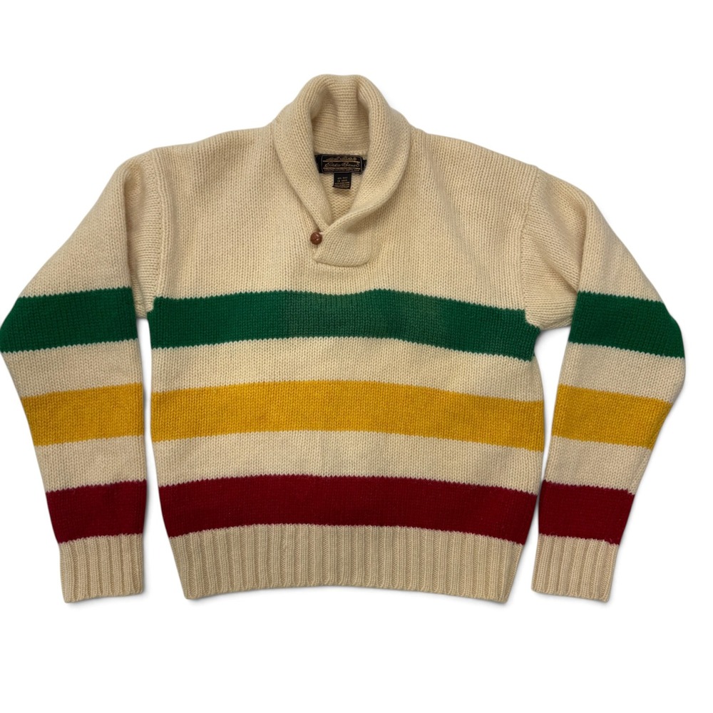 Vintage Eddie Bauer Wool Shawl Collar Hudson Bay Striped Sweater Mens Large 80s